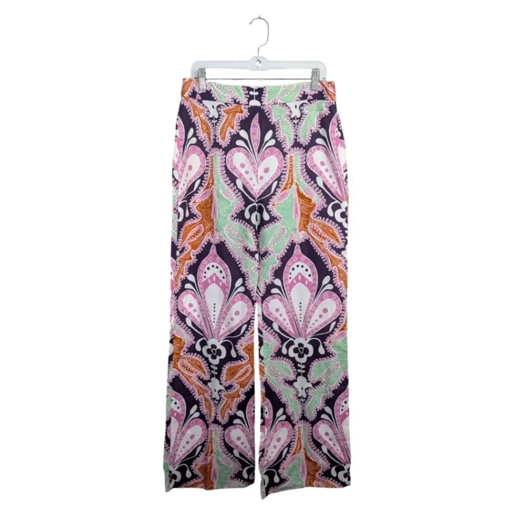 Zara Linen Blend Multicolor Wide Leg Long Pants High Rise 70s Hippie Boho Tall L